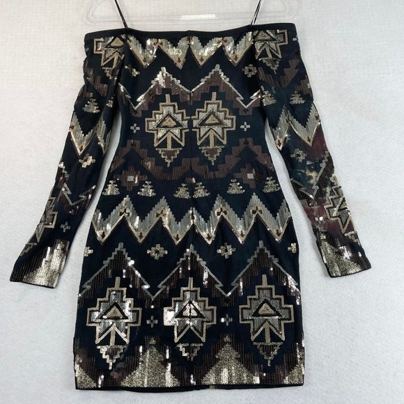 EXPRESS Women S Black Multi Sequin Bodycon Cocktail Party Off The Shoulder Dress - Picture 3 of 14